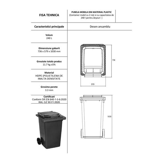 Pubela mobila DacEnergy©, construita din plastic, cu roti, rezistent la actiunea razelor ultraviolete, frig, caldura, capac plat cu deschidere la 270 grade, 240 L, 736 x 579 x 1030 mm, verde-poza 2-Dacenergy.ro