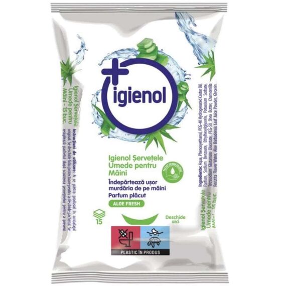 Servetele umede maini Igienol, antibacteriene, extract aloe, 6 pachete x 15, 90 bucati, portabil, verde-Dacenergy.ro
