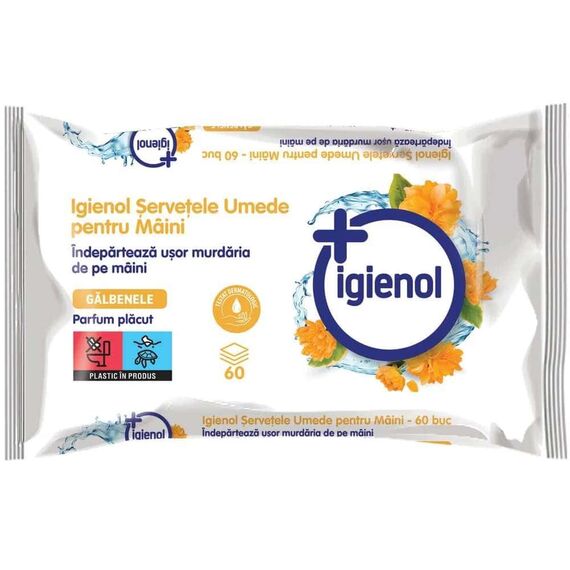Servetele umede maini Igienol, antibacteriene, extract galbenele, 2 pachete x 60 bucati, 120 bucati, capac resigilabil, galben-Dacenergy.ro