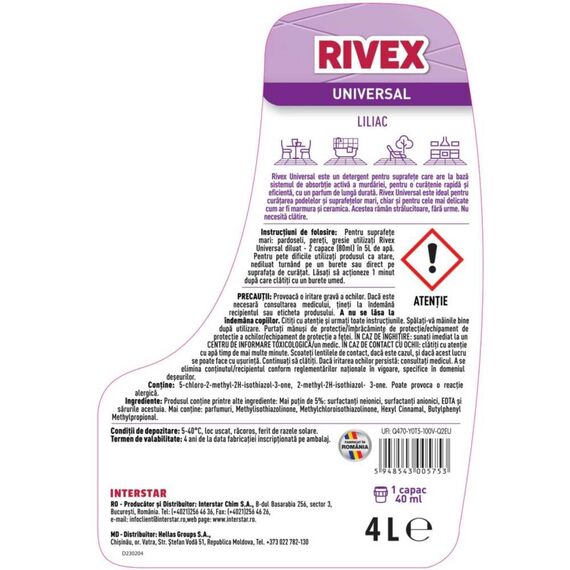 Solutie curatare pardoseli Rivex, lichid, universal, eliminare mirosuri, 4L, liliac-poza 2-Dacenergy.ro