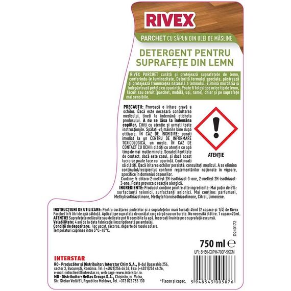 Solutie curatare parchet Rivex, lichid, sapun din ulei de masline, protectie si stralucire, 750 ml-poza 3-Dacenergy.ro