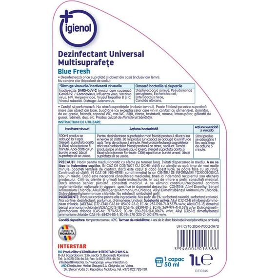 Solutie dezinfectanta universala Igienol, lichid fara clor, antibacterian, multi-suprafete, 1 L, albastru-poza 2-Dacenergy.ro