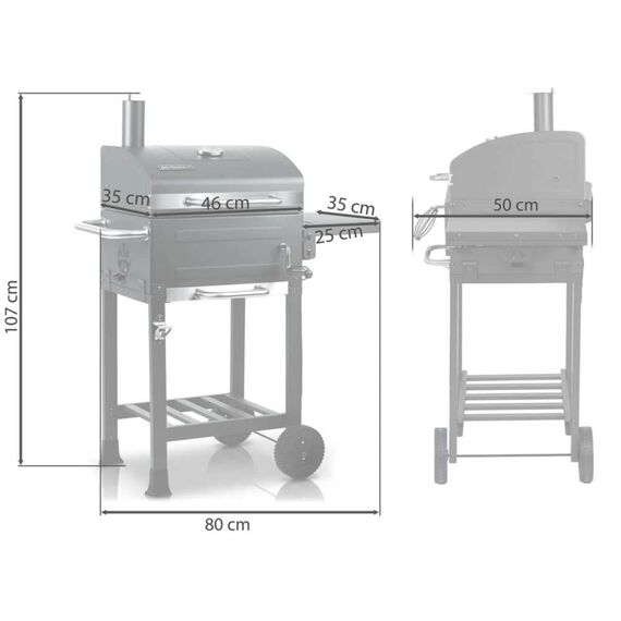 Gratar de gradina, cu carbuni, din otel inoxidabil, gratar din fonta 46 x 35 cm, 2 roti mari, termometru, 107 x 80 x 50 cm, antracit-poza 9-Dacenergy.ro