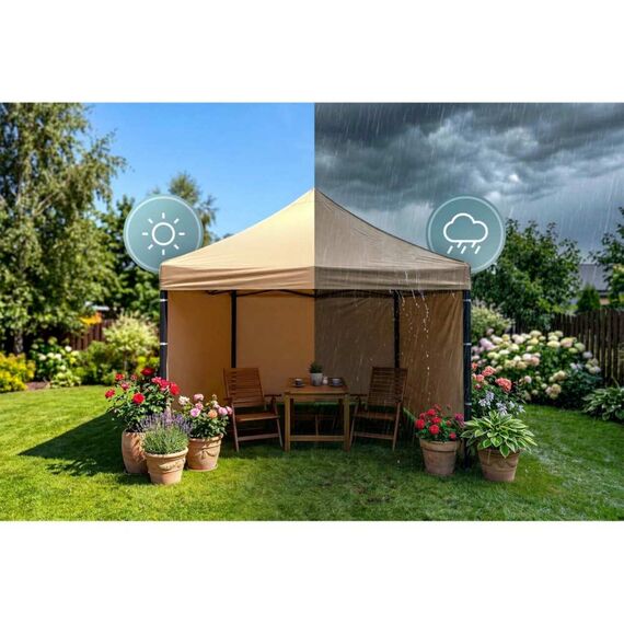 Pavilion de gradina, cu 3 pereti, fabricat din PVC, constructie din otel, acoperisul din PVC 1280D – 100% impermeabil, filtru UV UPF50+, 3 x 3 m, bej-poza 3-Dacenergy.ro