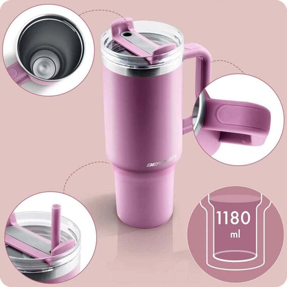 Cana termos, otel inoxidabil, capac 3 in 1, baut, gaura, pai, cu maner, mentinere cald si rece, inaltimea de 27 cm, 1180 ml, roz-poza 2-Dacenergy.ro