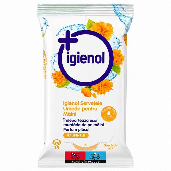 Servetele umede maini Igienol, antibacteriene, extract galbenele, 6 pachete x 15, 90 bucati, portabil, galben-Dacenergy.ro