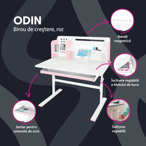 Masă de scris crescătoare, roz/alb, ODIN-poza 2-Dacenergy.ro