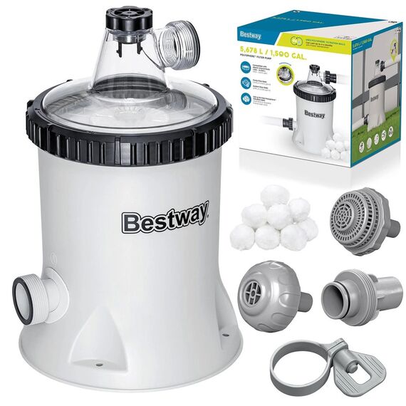 Pompa Filtrare Piscina Bestway, Bile Filtrante, 5678 l/h, Racord 38mm cu Adaptor 32mm, 220-240V, Compatibila Piscine 1100-31700 l, Furtunuri Conectare, Coliere, Sita si Bila Filtranta, 6.74 kg, Gri-Dacenergy.ro