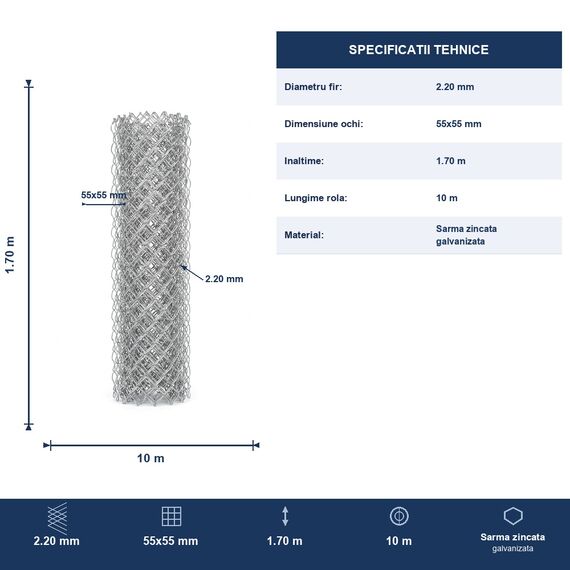 Plasa Gard Impletita Zincata, Rola 10 M.L, Inaltime 1,70 m, Fir 2,2 mm, Ochi 55 x 55 mm, Sarma Moale Galvanizata, Gradina Curte Teren Agricol, Inaltime: 1.7 m, Grosime: 2.2 mm, Dimensiune ochi (L x l) (mm): 55 x 55 mm-poza 10-Dacenergy.ro
