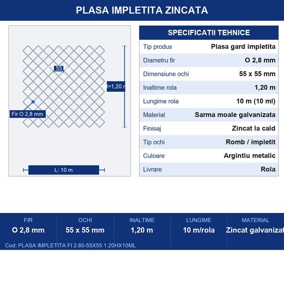 Plasa Gard Impletita Zincata, Rola 10 m, Inaltime 1.2 m, Fir 2.8 mm, Ochi 55 x 55 mm, Sarma Moale Galvanizata, Gradina Curte Teren Agricol-poza 9-Dacenergy.ro