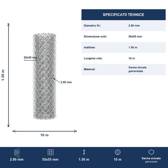 Plasa Gard Impletita Zincata, Rola 10 m, Inaltime 1.50 m, Fir 2.8 mm, Ochi 55 x 55 mm, Sarma Moale Galvanizata, Gradina Curte Teren Agricol, Inaltime: 1.5 m, Grosime: 2.8 mm, Dimensiune ochi (L x l) (mm): 55 x 55 mm-poza 9-Dacenergy.ro
