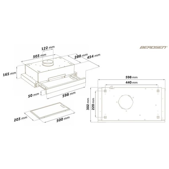 Hota Incorporabila Telescopica Berdsen, 60 cm, Debit 200 m3/h, Motor 40W, 2 Trepte Viteza, 2 Filtre Aluminiu Lavabile, Iluminare LED 4000K, Evacuare si Recirculare, Negru Mat-poza 13-Dacenergy.ro