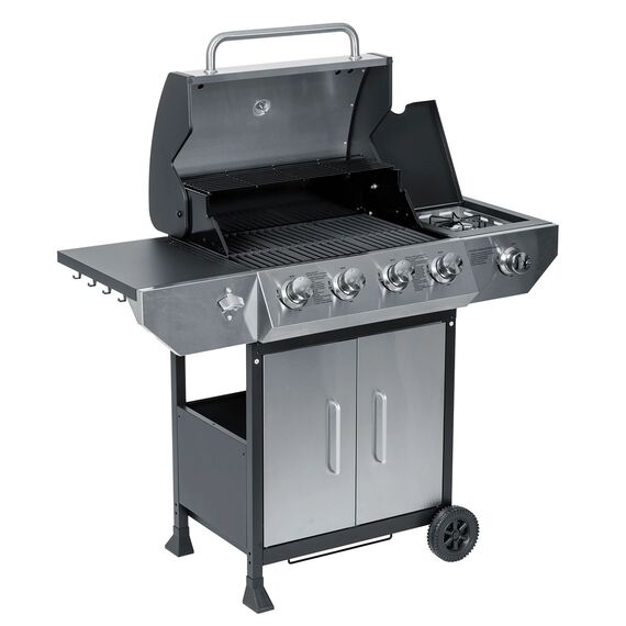 Gratar pe gaz gradina Berdsen, 4+1 arzatoare, grila fonta 62 x 42 cm, capac cu termometru, tava colectare grasime, dulap depozitare, roti transport, 126.5 x 114 x 58.5 cm, gri-Dacenergy.ro
