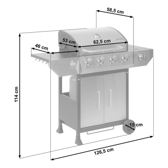 Gratar pe gaz gradina Berdsen, 4+1 arzatoare, grila fonta 62 x 42 cm, capac cu termometru, tava colectare grasime, dulap depozitare, roti transport, 126.5 x 114 x 58.5 cm, gri-poza 2-Dacenergy.ro