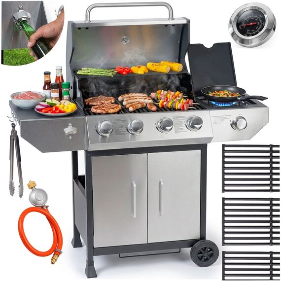 Gratar pe gaz gradina Berdsen, 4+1 arzatoare, grila fonta 62 x 42 cm, capac cu termometru, tava colectare grasime, dulap depozitare, roti transport, 126.5 x 114 x 58.5 cm, gri-poza 3-Dacenergy.ro