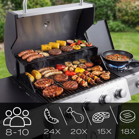 Gratar pe gaz gradina Berdsen, 4+1 arzatoare, grila fonta 62 x 42 cm, capac cu termometru, tava colectare grasime, dulap depozitare, roti transport, 126.5 x 114 x 58.5 cm, gri-poza 5-Dacenergy.ro