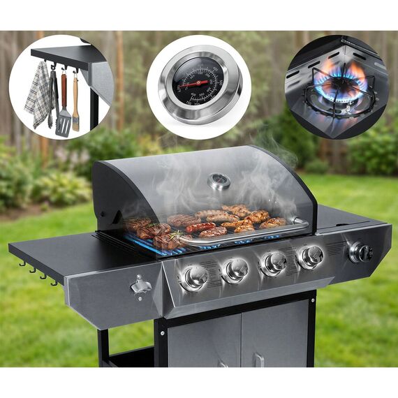 Gratar pe gaz gradina Berdsen, 4+1 arzatoare, grila fonta 62 x 42 cm, capac cu termometru, tava colectare grasime, dulap depozitare, roti transport, 126.5 x 114 x 58.5 cm, gri-poza 7-Dacenergy.ro