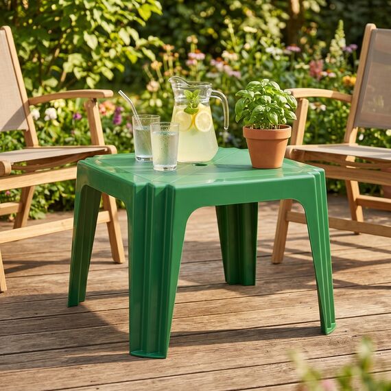 Masuta fixa pentru gradina DacEnergy, plastic, patrata, 64.5 x 64.5 x 44 cm, rezistenta la umezeala, orificiu umbrela, mobilier exterior, verde, Numar persoane	: 2, Culoare: Verde-poza 4-Dacenergy.ro