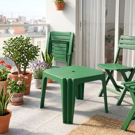 Masuta fixa pentru gradina DacEnergy, plastic, patrata, 64.5 x 64.5 x 44 cm, rezistenta la umezeala, orificiu umbrela, mobilier exterior, verde, Numar persoane	: 2, Culoare: Verde-poza 3-Dacenergy.ro