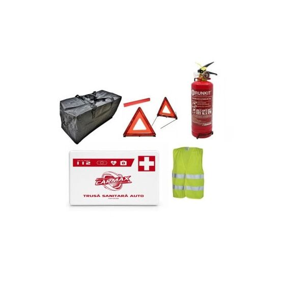 Kit siguranta auto complet trusa cutie alba 2 triunghiuri vesta geanta stingator cu manometru  Runkit-Dacenergy.ro