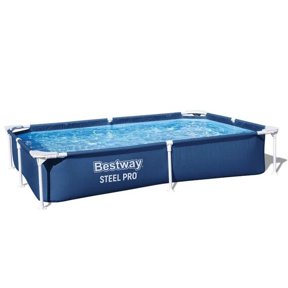 Piscina cu cadru metalic Bestway Steel Pro, supraterana, dreptunghiulara, 1200 l, 221 x 150 x 43 cm, structura Tritech 3 straturi PVC cu plasa de poliester, cadru din otel anticoroziv, valva de golire, fara pompa de filtrare, albastru-Dacenergy.ro