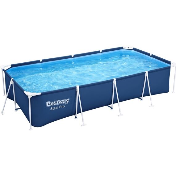 Piscina cu Cadru Metalic Bestway Steel Pro, 400x211x81 cm, Volum 5700 L, Dreptunghiulara, Cadru din Otel, Liner PVC DuraPlus, Pompa cu Filtru Inclusa 1249 l/h, Supapa Golire, Supraterana, pentru Familie si Gradina, Albastru-Dacenergy.ro