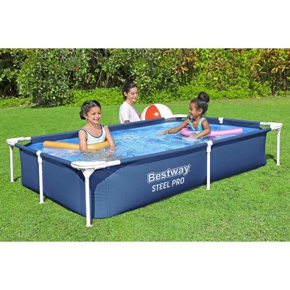 Piscina cu cadru metalic Bestway Steel Pro, supraterana, dreptunghiulara, 1200 l, 221 x 150 x 43 cm, structura Tritech 3 straturi PVC cu plasa de poliester, cadru din otel anticoroziv, valva de golire, fara pompa de filtrare, albastru-poza 7-Dacenergy.ro