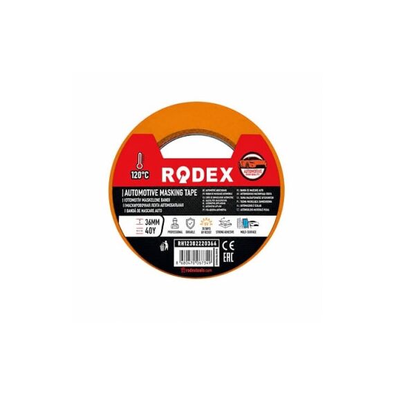 Banda de mascare auto rezistenta la temperaturi de pana la 120°C Rodex portocalie 48 mm x 40 m-Dacenergy.ro