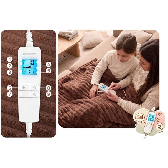 Patura electrica dubla Berdsen pentru 2 persoane, 180x160 cm, 160 W, 10 trepte temperatura 30-45 grade C, timer 1-10 h cu oprire automata, controler LCD iluminat, material plusat 550 g/mp, dublu fata, cablu detasabil 246 cm, lavabila in masina, Maro-poza 3-Dacenergy.ro