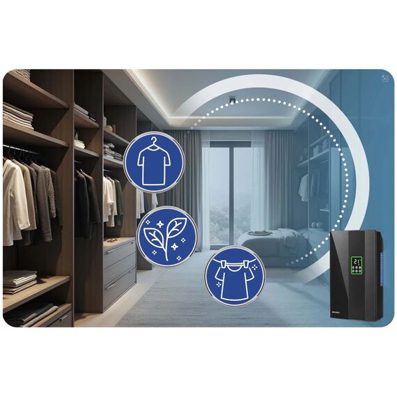 Dezumidificator aer camera Berdsen, 700 ml/24h, rezervor 2000 ml, telecomanda, panou tactil, purificare aer, mod noapte Sleep, timer 0-24h, dezghetare automata, indicator LED culoare umiditate, reglaj 40-70%, drenaj continuu, 90 W, 24x14x36 cm, Negru-poza 2-Dacenergy.ro
