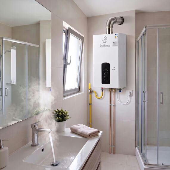 Incalzitor instant de apa pe gaz natural DacEnergy, boiler GNL fara rezervor cu tiraj fortat, panou tactil si afisaj digital, reglare 35-65 grade, montaj pe perete, kit evacuare si para de dus incluse, alimentare 220V, 12 l/min, 24 kW, alb, Tip alimentare	: Gaz natural, Capacitate: 12 l-poza 15-Dacenergy.ro