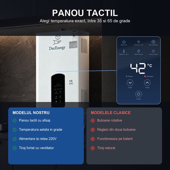 Incalzitor instant de apa pe gaz natural DacEnergy, boiler GNL fara rezervor cu tiraj fortat, panou tactil si afisaj digital, reglare 35-65 grade, montaj pe perete, kit evacuare si para de dus incluse, alimentare 220V, 14 l/min, 28 kW, alb, Tip alimentare	: Gaz natural, Capacitate: 14 l-poza 4-Dacenergy.ro