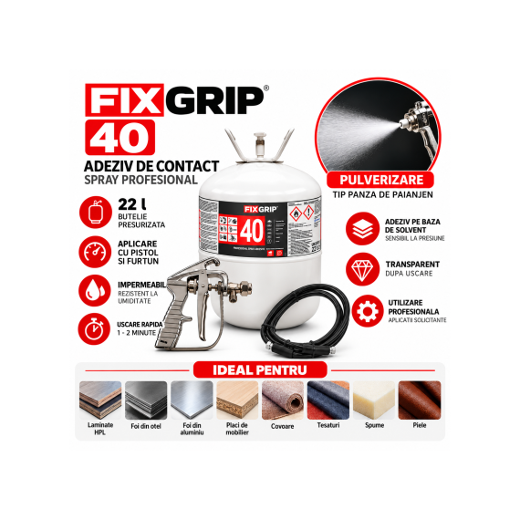 Adeziv contact spray profesional FIXGRIP 40 butelie 22 l impermeabil aplicare pistol-poza 5-Dacenergy.ro