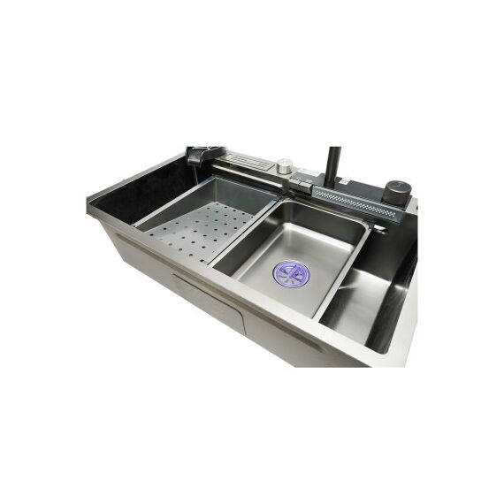 Chiuveta bucatarie multifunctionala cu doua baterii, otel inoxidabil, afisaj digital temperatura, doua cascade, spalator pahare, scurgator, tava, tocator si accesorii scurgere incluse, 75x46x23.5cm Cod: DISMT03-poza 4-Dacenergy.ro