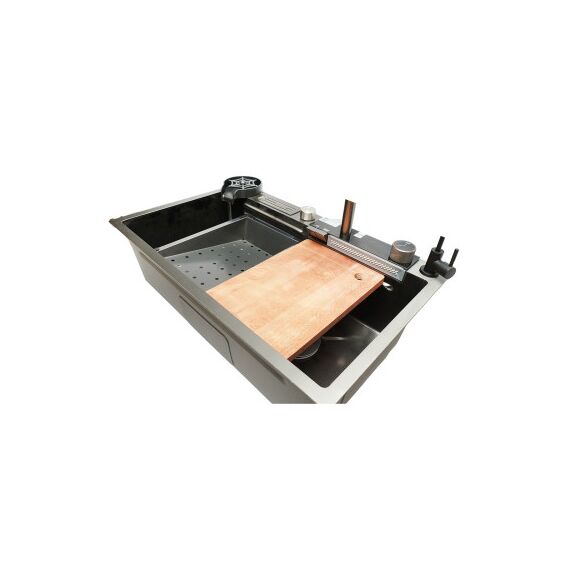 Chiuveta bucatarie multifunctionala cu doua baterii, otel inoxidabil, afisaj digital temperatura, doua cascade, spalator pahare, scurgator, tava, tocator si accesorii scurgere incluse, 75x46x23.5cm Cod: DISMT03-poza 5-Dacenergy.ro