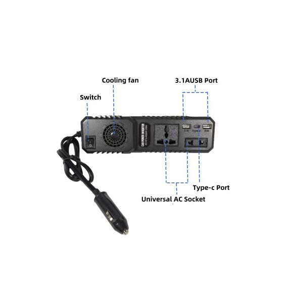 Invertor auto 12V 220V 200W port USB Type-C protectii multiple Cod: FS-1666-poza 3-Dacenergy.ro