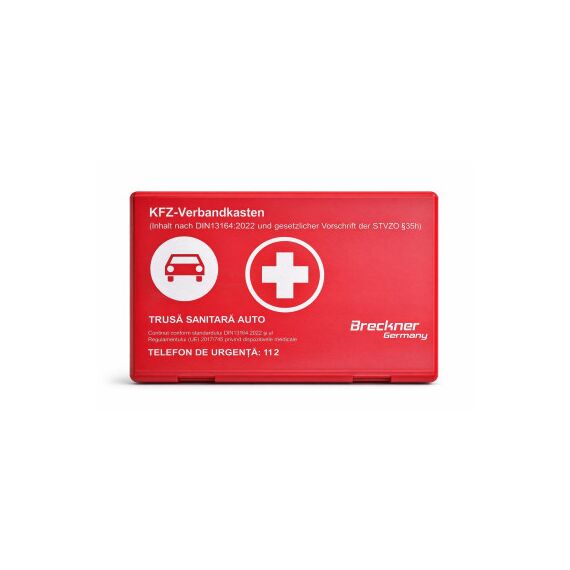 Trusa medicala auto de prim ajutor cutie plastic rosie conform DIN13164/2022  -Dacenergy.ro