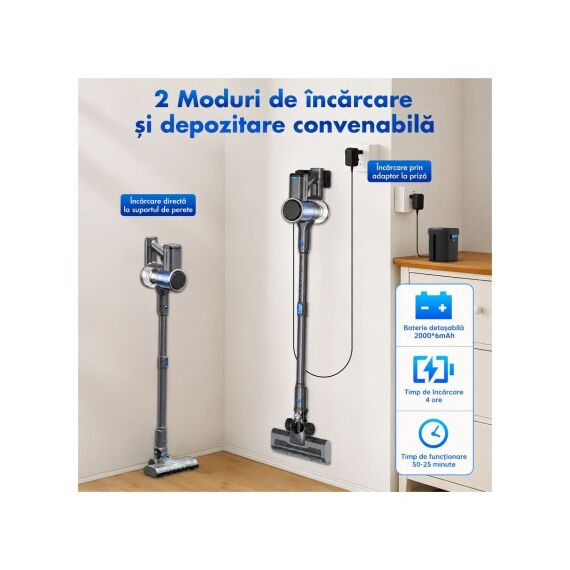 Aspirator vertical fara fir 200W 30 kPa cu ecran tactil LED si baterie 2000mAh Cod: BK00493-poza 8-Dacenergy.ro