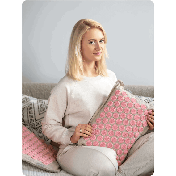 Saltea si perna cu presopunctura DacEnergy©, umplut cu fibre naturale de cocos, 257 de stifturi cu tepi, husa detasabila, 70x44 cm, gri si roz-poza 8-Dacenergy.ro