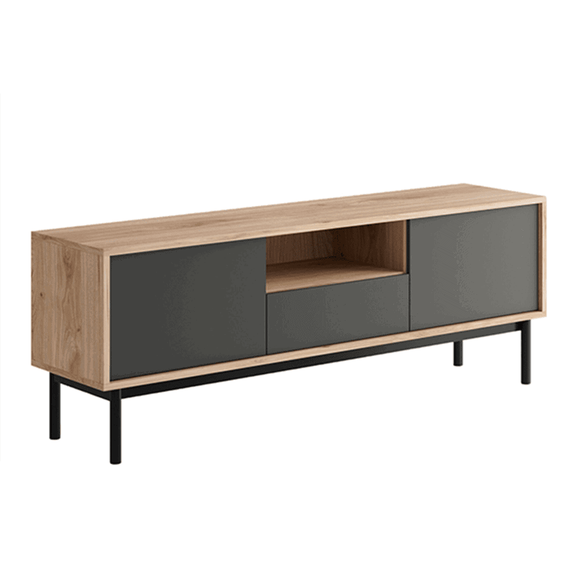 Comoda TV DacEnergy©, realizat din PAL melaminat, lemn masiv si canturi ABS, finisaj stejar jackson hickory si grafit, usile cu sistem tactil PUSH UP, 154x57x39 cm-Dacenergy.ro