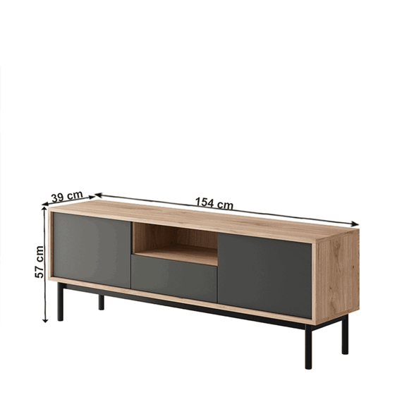 Comoda TV DacEnergy©, realizat din PAL melaminat, lemn masiv si canturi ABS, finisaj stejar jackson hickory si grafit, usile cu sistem tactil PUSH UP, 154x57x39 cm-poza 3-Dacenergy.ro