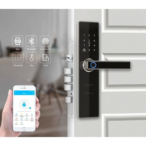 Incuietoare inteligenta DacEnergy©, pentru Acasa / Apartament / Vila, material otel inoxidabil, deblocare Amprenta digitala / aplicatie / cod / card RFID / cheie, pentru usa din lemn / metal, culoare negru/auriu-poza 2-Dacenergy.ro