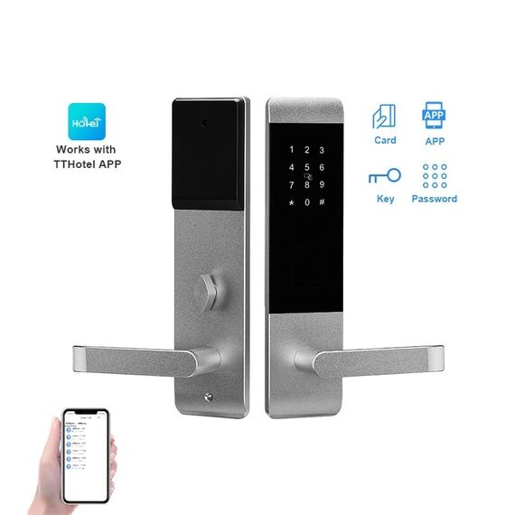 Incuietoare inteligenta pentru hotel DacEnergy©, material aluminiu, deblocare cu aplicatie Bluetooth TTlock / TTHotel, cheie, card RFID, pentru usa din lemn/otel, argintiu-poza 4-Dacenergy.ro