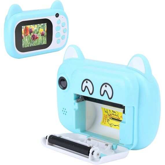 Camera foto/video pentru copii DacEnergy©, model pisica, camera duala, ecran color IPS de 2,4 inch, rezolutie foto 24 MP, imprimare portabila alb negru, culoare albastru, Culoare: Albastru-poza 3-Dacenergy.ro