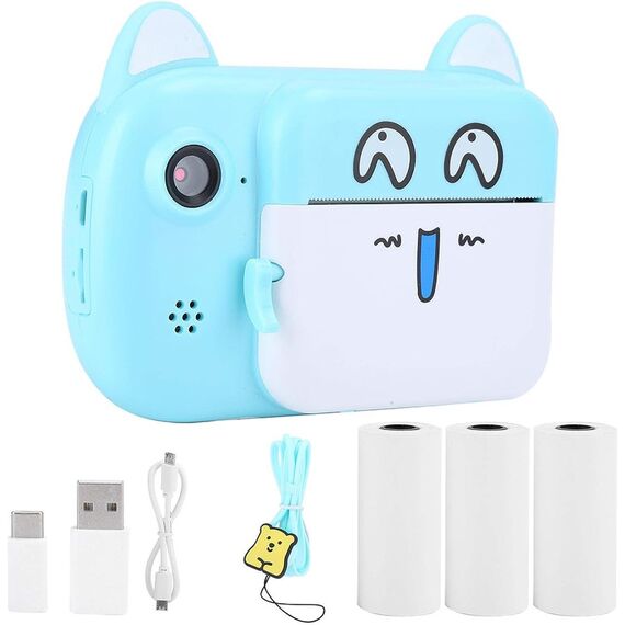 Camera foto/video pentru copii DacEnergy©, model pisica, camera duala, ecran color IPS de 2,4 inch, rezolutie foto 24 MP, imprimare portabila alb negru, culoare albastru, Culoare: Albastru-poza 5-Dacenergy.ro