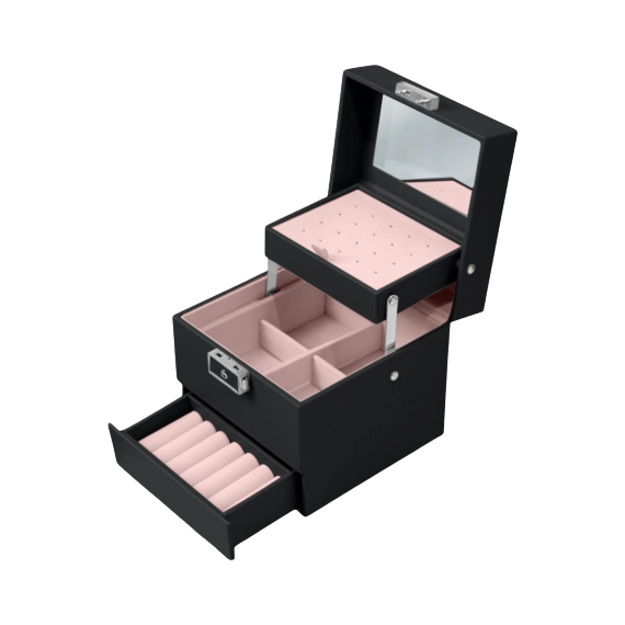 Cutie de bijuterii DacEnergy©, realizata din imitatie de piele, cu maner de transport, multiple compartimente, cu oglinda, forma patrata, 13x 13x 12. 5 cm, negru, Culoare: Negru-poza 3-Dacenergy.ro