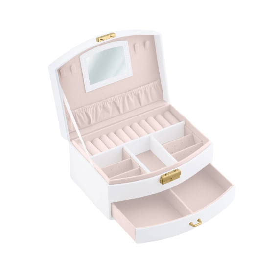 ​Cutie de bijuterii DacEnergy©, piele ecologica, maner de transport, oglinda, loc inele, spatiu cercei, cheita, 20,5x 13,5x 10,5 cm, alb, Culoare: Alb-poza 3-Dacenergy.ro