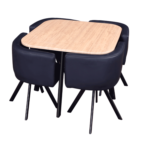 Set de bucatarie DacEnergy©, design modern si atractiv, masa patrata, realizata din MDF, 4 scaune, cu spatar, din piele eco, stejar si negru,  90x90x73 cm-Dacenergy.ro
