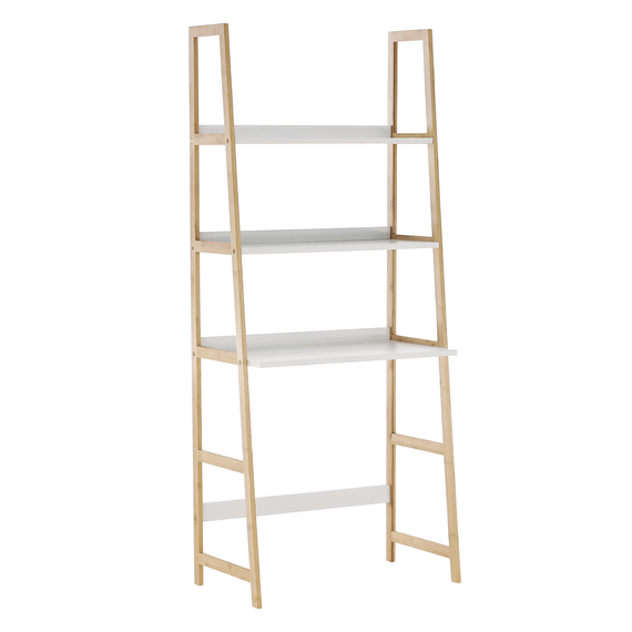 Etajera DacEnergy©, realizata din MDF si bambus lacuit, multifunctionala, practica, 63x149x36 cm, 3 rafturi, spatiu pentru scaun, finisaj alb si natur-Dacenergy.ro
