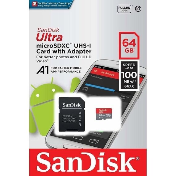 Card MicroSDXC UHS-I + Adaptor, SanDisk, 64 GB-Dacenergy.ro